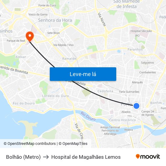 Bolhão (Metro) to Hospital de Magalhães Lemos map