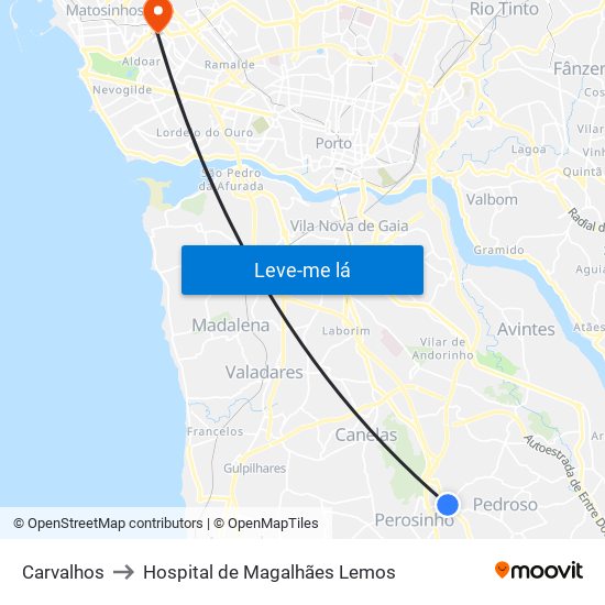 Carvalhos to Hospital de Magalhães Lemos map