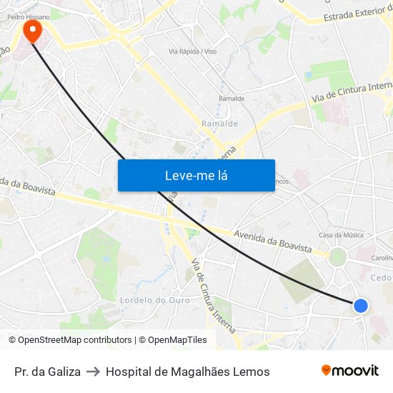 Pr. da Galiza to Hospital de Magalhães Lemos map