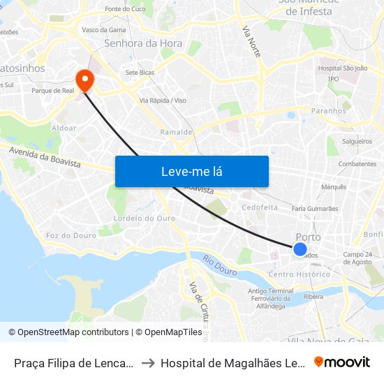 Praça Filipa de Lencastre to Hospital de Magalhães Lemos map