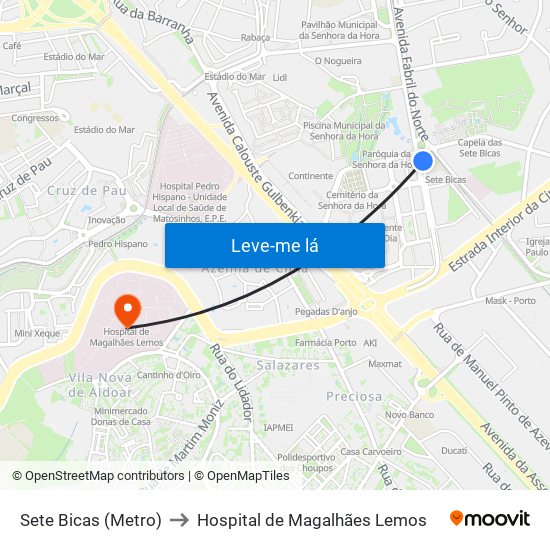Sete Bicas (Metro) to Hospital de Magalhães Lemos map