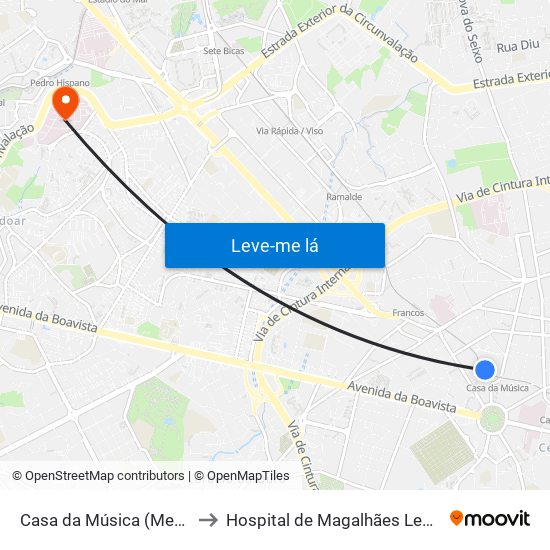 Casa da Música (Metro) to Hospital de Magalhães Lemos map