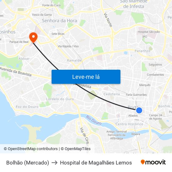 Bolhão (Mercado) to Hospital de Magalhães Lemos map