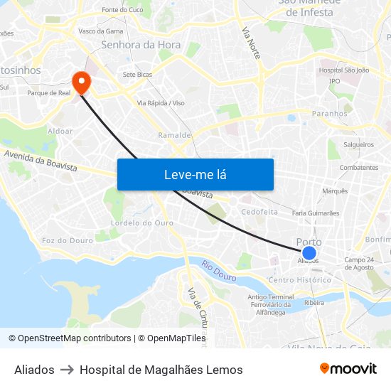 Aliados to Hospital de Magalhães Lemos map