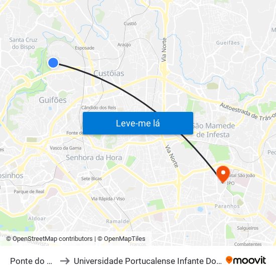 Ponte do Carro to Universidade Portucalense Infante Dom Henrique map
