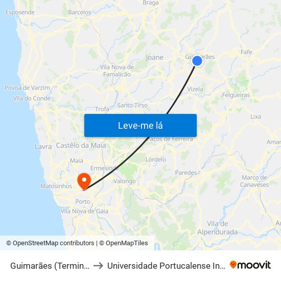 Guimarães (Terminal Rodoviário) to Universidade Portucalense Infante Dom Henrique map