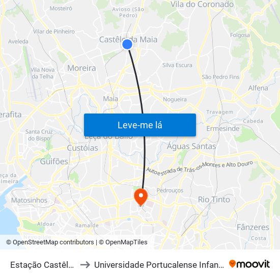 Estação Castêlo da Maia to Universidade Portucalense Infante Dom Henrique map