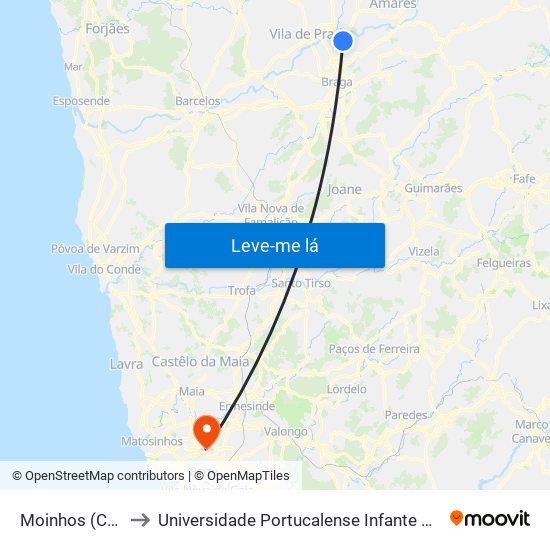 Moinhos (Capela) to Universidade Portucalense Infante Dom Henrique map