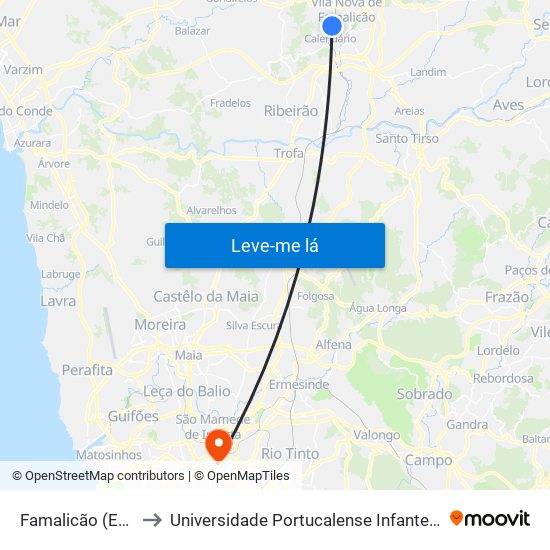 Famalicão (Estação) to Universidade Portucalense Infante Dom Henrique map