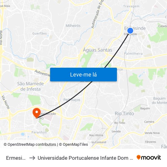 Ermesinde to Universidade Portucalense Infante Dom Henrique map