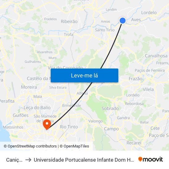 Caniços to Universidade Portucalense Infante Dom Henrique map