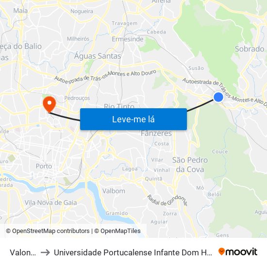 Valongo to Universidade Portucalense Infante Dom Henrique map