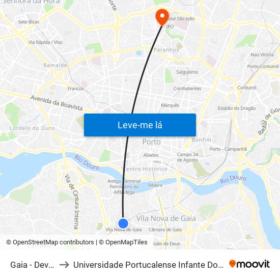 Gaia - Devesas to Universidade Portucalense Infante Dom Henrique map