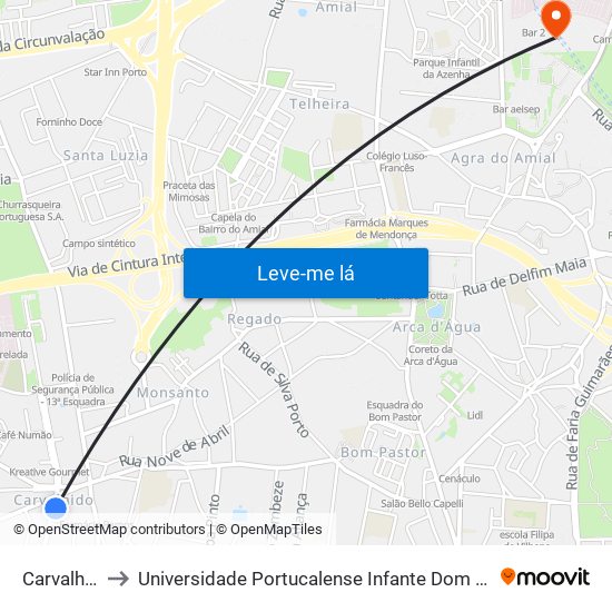 Carvalhido to Universidade Portucalense Infante Dom Henrique map