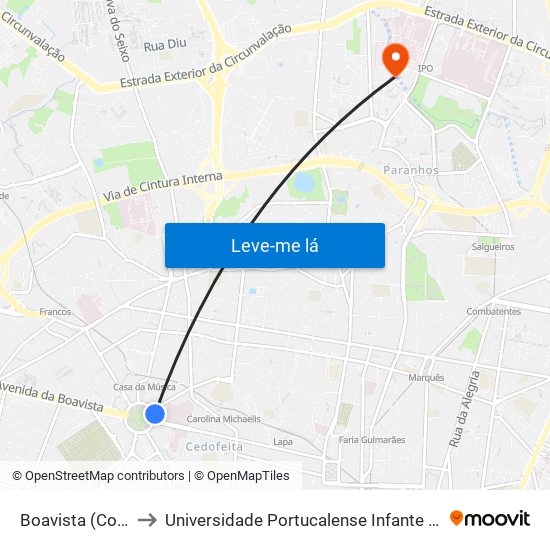 Boavista (Correios) to Universidade Portucalense Infante Dom Henrique map