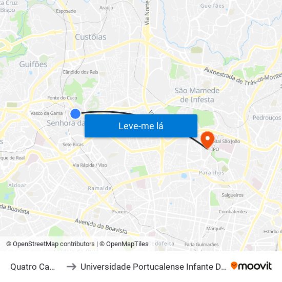 Quatro Caminhos to Universidade Portucalense Infante Dom Henrique map