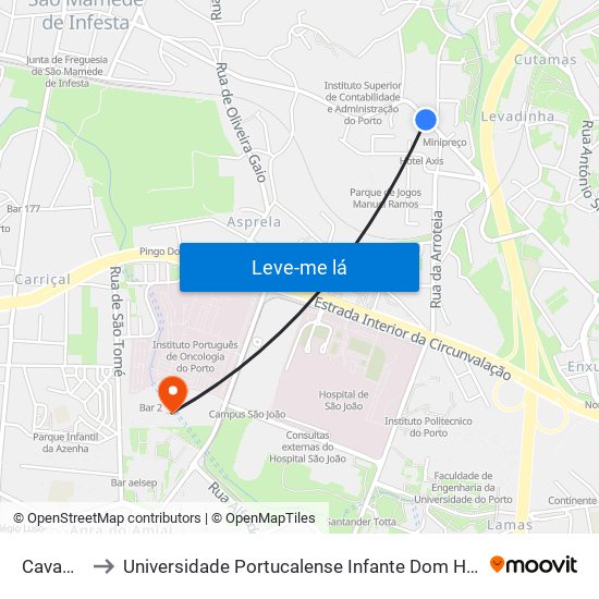 Cavadas to Universidade Portucalense Infante Dom Henrique map