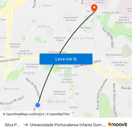 Silva Porto to Universidade Portucalense Infante Dom Henrique map