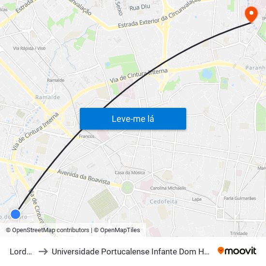 Lordelo to Universidade Portucalense Infante Dom Henrique map