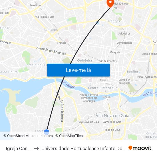 Igreja Canidelo to Universidade Portucalense Infante Dom Henrique map