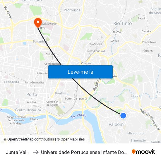 Junta Valbom to Universidade Portucalense Infante Dom Henrique map