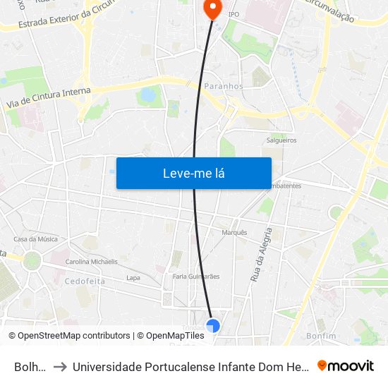 Bolhão to Universidade Portucalense Infante Dom Henrique map