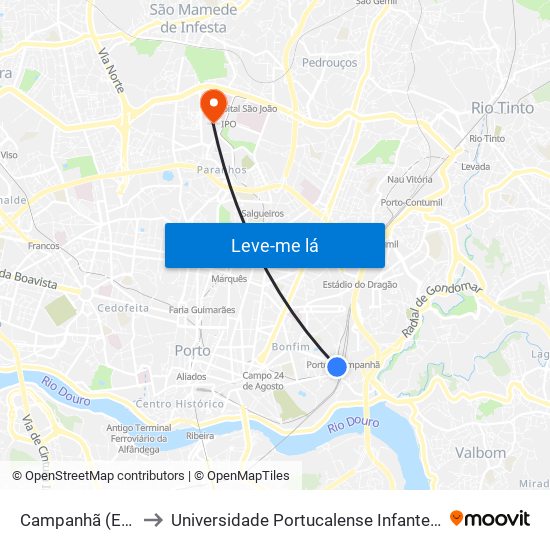 Campanhã (Estação) to Universidade Portucalense Infante Dom Henrique map