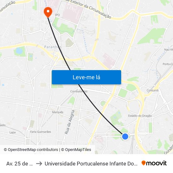 Av. 25 de Abril to Universidade Portucalense Infante Dom Henrique map