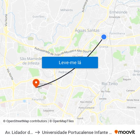 Av. Lidador da Maia to Universidade Portucalense Infante Dom Henrique map