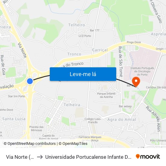 Via Norte (Circ.) to Universidade Portucalense Infante Dom Henrique map