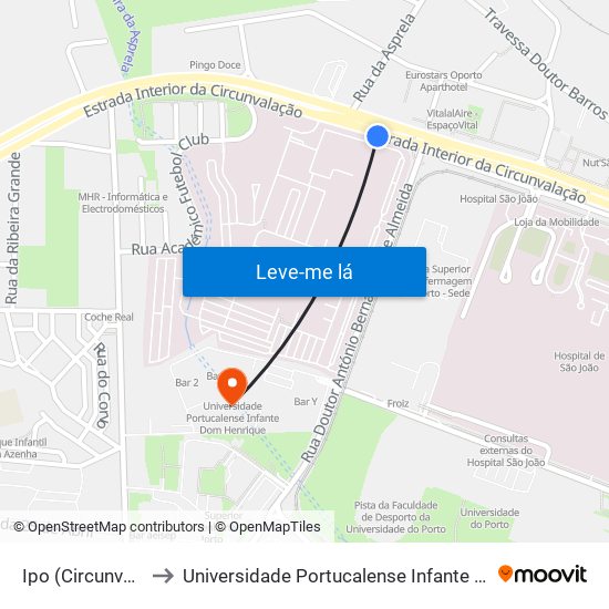 Ipo (Circunvalação) to Universidade Portucalense Infante Dom Henrique map