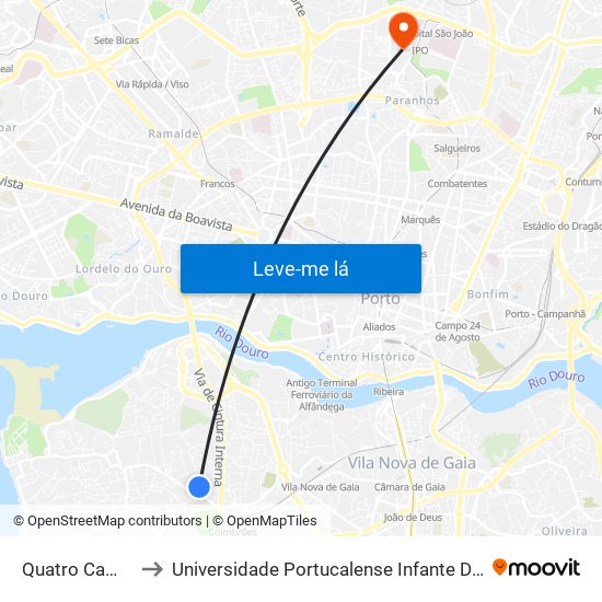 Quatro Caminhos to Universidade Portucalense Infante Dom Henrique map