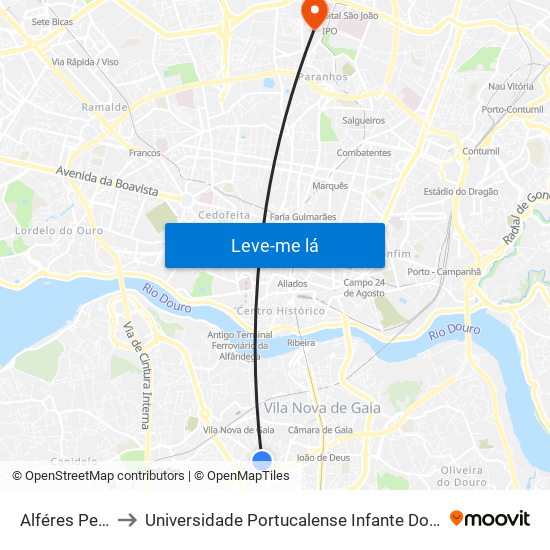 Alféres Pereira to Universidade Portucalense Infante Dom Henrique map