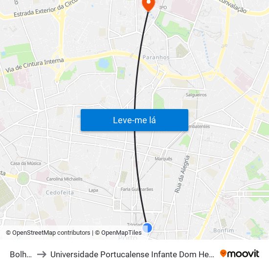 Bolhão to Universidade Portucalense Infante Dom Henrique map