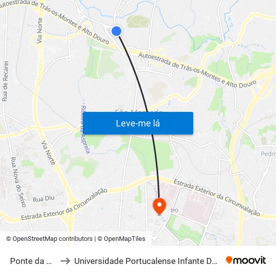 Ponte da Pedra to Universidade Portucalense Infante Dom Henrique map