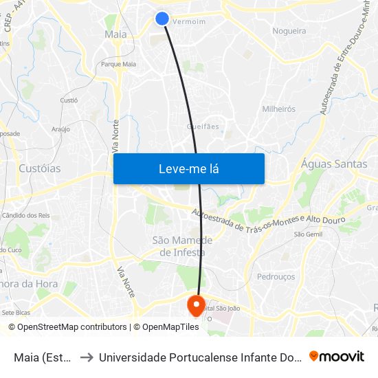 Maia (Estádio) to Universidade Portucalense Infante Dom Henrique map