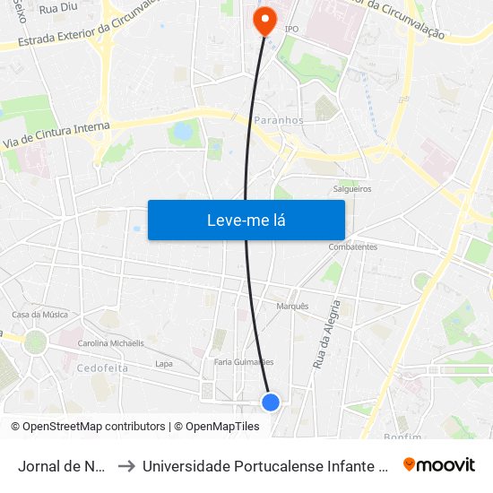 Jornal de Notícias to Universidade Portucalense Infante Dom Henrique map