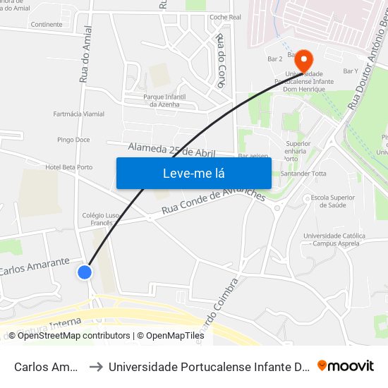 Carlos Amarante to Universidade Portucalense Infante Dom Henrique map