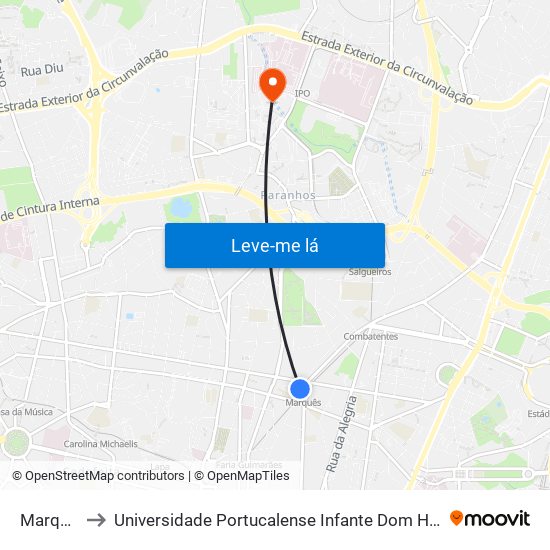 Marquês to Universidade Portucalense Infante Dom Henrique map