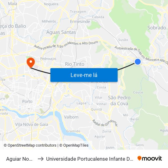 Aguiar Nogueira to Universidade Portucalense Infante Dom Henrique map