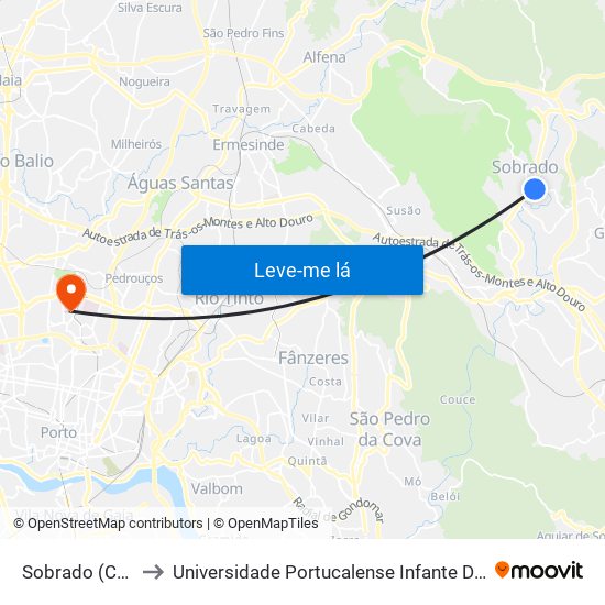 Sobrado (Centro) to Universidade Portucalense Infante Dom Henrique map