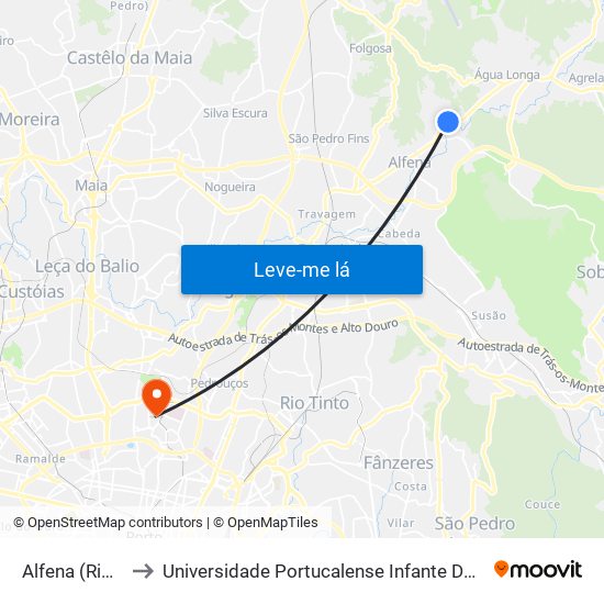 Alfena (Ribeiro) to Universidade Portucalense Infante Dom Henrique map