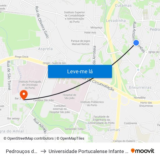 Pedrouços de Baixo to Universidade Portucalense Infante Dom Henrique map