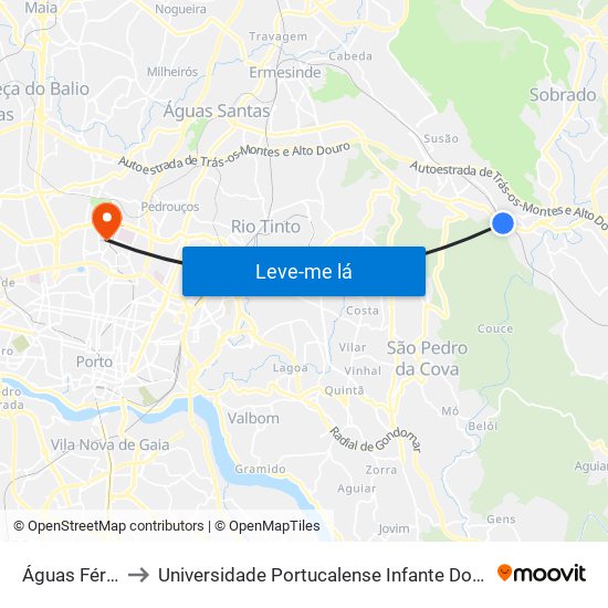 Águas Férreas to Universidade Portucalense Infante Dom Henrique map