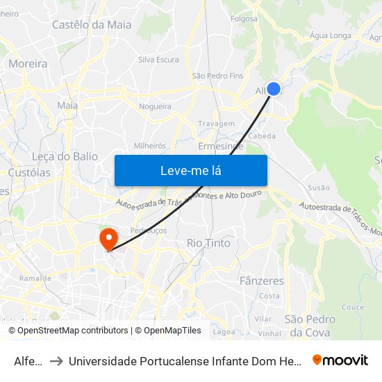 Alfena to Universidade Portucalense Infante Dom Henrique map