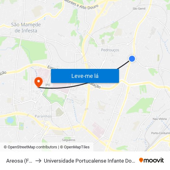 Areosa (Feira) to Universidade Portucalense Infante Dom Henrique map