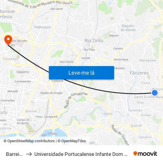 Barreiros to Universidade Portucalense Infante Dom Henrique map