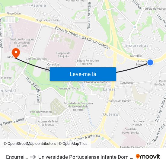 Enxurreiras to Universidade Portucalense Infante Dom Henrique map