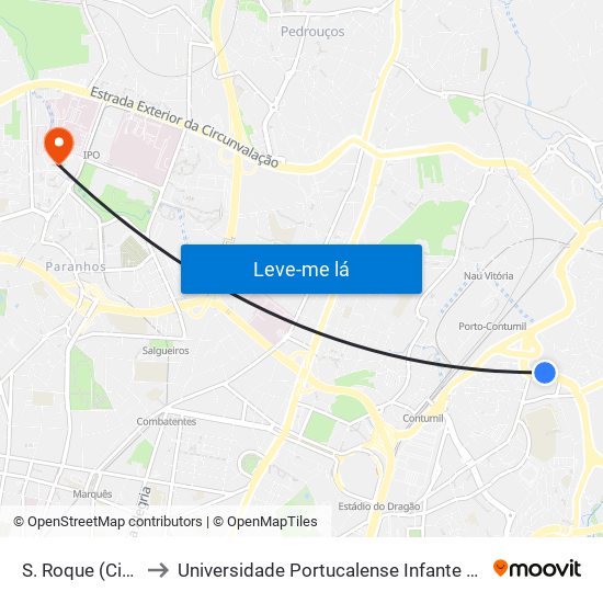 S. Roque (Circunv.) to Universidade Portucalense Infante Dom Henrique map