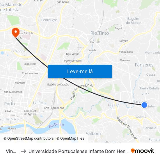 Vinhal to Universidade Portucalense Infante Dom Henrique map